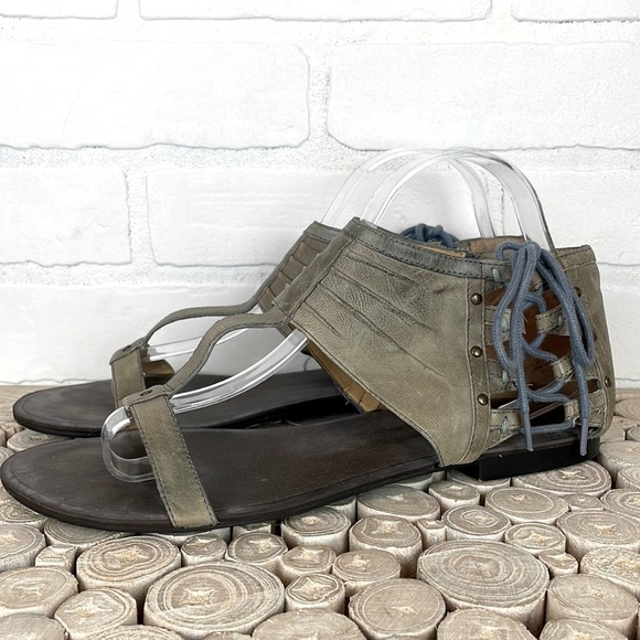 Nine West Cadette Taupe Gray Leather Boho T Strap Lace Up Sandals 9.5 - Picture 1 of 14